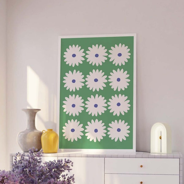 Green Daisy Print | Digital Art Download | Flower Printable Wall Art | Green Daisies Floral Art Print | Cute Trendy Wall Art