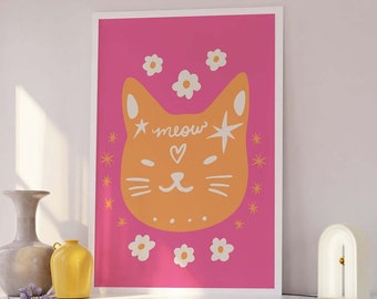 Cat Print | Digital Art Download | Pink Orange Cat Wall Decor | Funky Kitten Wall Art | Cat Lover Print | Retro Wall Art