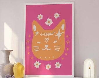 Cat Print | Digital Art Download | Pink Orange Cat Wall Decor | Funky Kitten Wall Art | Cat Lover Print | Retro Wall Art