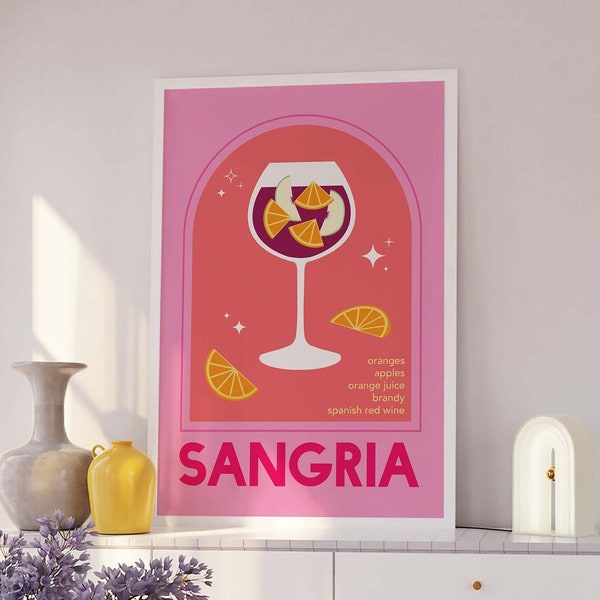 Sangria Cocktail Print | Digital Art Download | Pink Spanish Sangria Wine Cocktail Bar Printable Art