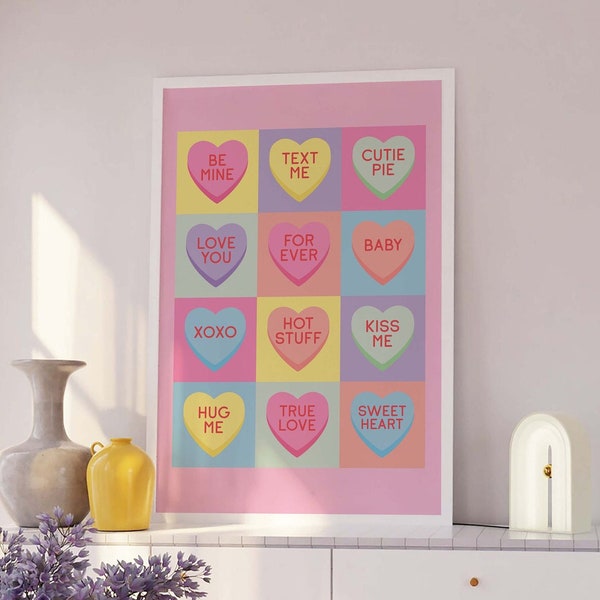 Heart Candy Print | Digital Art Download | Cute Valentine's Decor | Heart Candy Wall Art | Trendy Pastel Pink Art Print