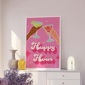 Happy Hour Print | Pobieranie sztuki cyfrowej | Uroczy różowy samochód barowy Y2K | Modny bar koktajlowy do wydrukowania | Sztuka ścienna do kuchni