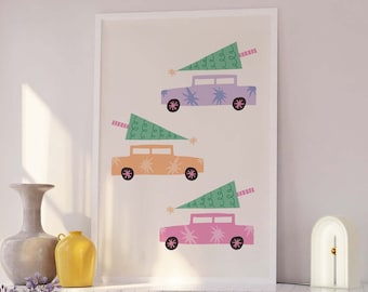 Pastel Christmas Cars Print | Digital Art Download | Trendy Pink Christmas Prints | Cute Pastel Holiday Wall Decorations