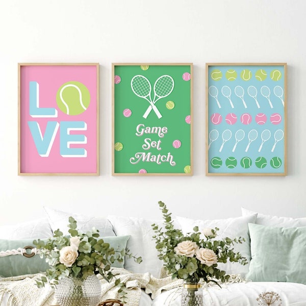 Set of 3 Tennis Prints | Digital Art Download | Pink Blue Tennis Gallery Wall Art | Trendy Pastel Wall Art | Cute Sporty Wall Art