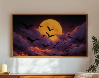 Halloween Frame TV Art, Moody Full Moon Bats Night Sky Screen Display, Spooky Halloween Decor, Digital Download
