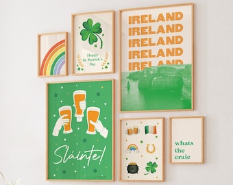 Set med 6 tavelväggar med Glad St. Patrick's Day | Digital konstnedladdning | Grön Shamrock-tryck | Söt väggdekoration för högtider | Irländsk väggkonst