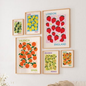 Set van 6 fruitmarktprints | Digitale kunst downloaden | Kleurrijke galeriewand reistentoonstelling printset | Muurkunstset keukenfruit
