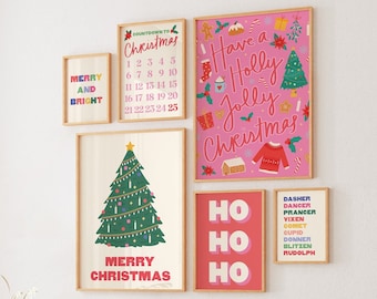 Set of 6 Christmas Gallery Wall | Digital Art Download | Colorful Christmas Prints | Cute Holiday Wall Decorations
