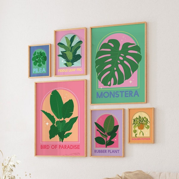Set of 6 House Plants Prints, Digital Art Download, Abstract Colorful Houseplants Printable Art, Cute Trendy Wall Art, Gift for Plant Lover