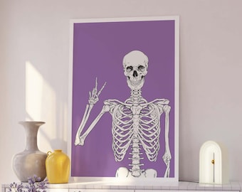 Skelett Druck | Digitale Kunst Download | Niedliche lila Halloween-Wand-Dekor | Trendige Halloween Wandkunst | Gruseliges Poster Poster