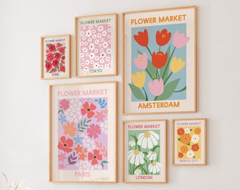 Flower Market Gallery Wall | Digital Art Download | 8 Printables | Pink Wall Art | Cute Trendy Art Prints | Retro Botanical Print Set