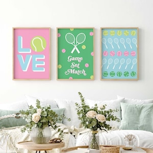 Set of 3 Tennis Prints, Digital Art Download, Pink Blue Tennis Gallery Wall Art, Trendy Pastel Wall Art, Cute Sporty Wall Art