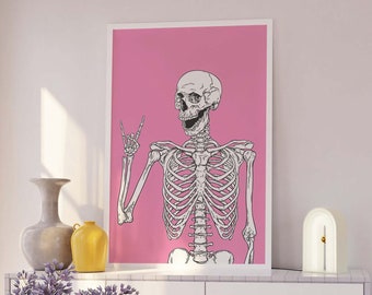 Skeleton Print | Digital Art Download | Cute Pink Halloween Wall Decor | Trendy Halloween Wall Art | Spooky Season Poster