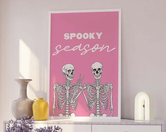 Spooky Season Skeleton Print | Digital Art Download | Cute Pink Halloween Wall Decor | Trendy Halloween Wall Art