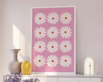 Pink Daisy Print | Digital Art Download | Flower Printable Wall Art | Pink Daisies Floral Art Print | Cute Trendy Wall Art
