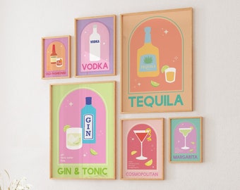 Set of 6 Cocktail Prints Gallery Wall | Digital Art Download | Cute Colorful Liquor Drink Bar Printable Art | Kitchen Wall Art