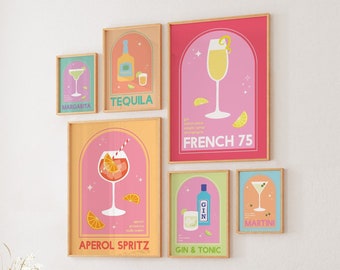 Set van 6 cocktailprints galeriewand | Digitale kunst downloaden | Leuke kleurrijke drank Drink Bar afdrukbare kunst | Keuken kunst aan de muur