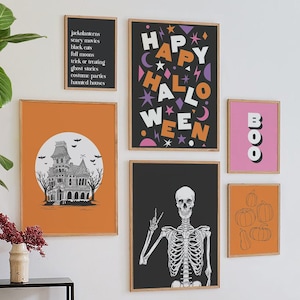 Set of 6 Halloween Prints, Digital Art Download, Cute Halloween Gallery Wall, Halloween Wall Art, Colorful Halloween Prints