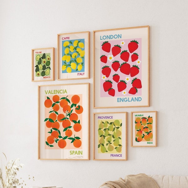 Set of 6 Fruit Market Prints | Digital Art Download | Colorful Gallery Wall Travel Exhibition Print Set | Kitchen Fruit Wall Art Set