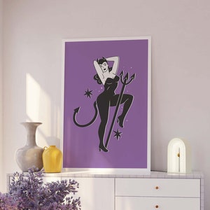 Devil Pinup Print | Digital Art Download | Cute Purple Halloween Wall Decor | Trendy Halloween Wall Art | Spooky Season Poster