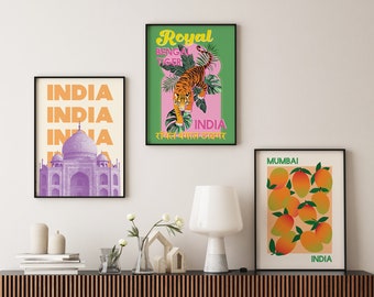 Set van 3 India-prenten | Digitale kunst downloaden | Bengaalse tijger Taj Mahal Mango afdrukbare kunst | Kleurrijke tropische jungle kunst aan de muur