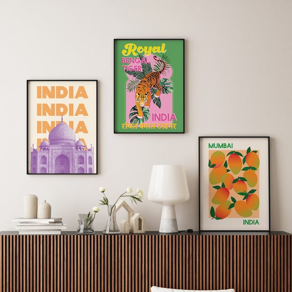 Set of 3 India Prints | Digital Art Download | Bengal Tiger Taj Mahal Mango Printable Art | Colorful Tropical Jungle Wall Art