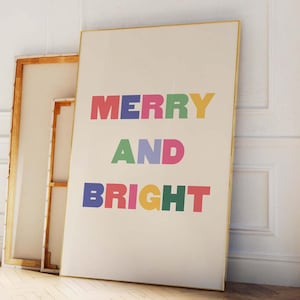 Merry and Bright Christmas Print, Digital Art Download, Colorful Christmas Decor, Cute Holiday Wall Art, Trendy Christmas Art Print