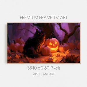 ハロウィンフレームTVアート、ムーディーな黒猫の秋の森スクリーンディスプレイ、不気味なハロウィンデコレーション、デジタルダウンロード