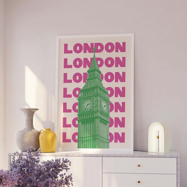 Impression de voyage de Londres | Téléchargement d'art numérique | Pink Green London England Big Ben Travel Exhibition Print | Art mural tendance mignon