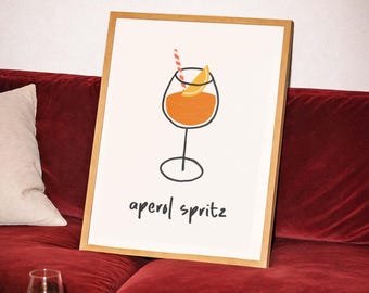 Aperol Spritz Cocktail Wall Art Print, Bar Cart Decor, Summer Drink Illustration, Kitchen Bistro Poster, Digital Download