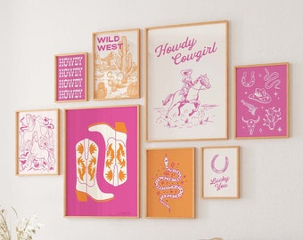 Pink and Orange Western Gallery Wall, Digital Art Download, 10 Printables , Cute Cowgirl Dorm Room Art Set, Trendy Gallery Wall Art