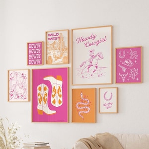 Galería de pared occidental rosa y naranja, descarga de arte digital, 10 imprimibles, lindo juego de arte para dormitorio de vaquera, arte de pared de galería de moda