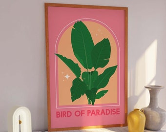 Impresión de plantas de la casa Ave del Paraíso / Descarga de arte digital / Cartel de arte moderno imprimible de planta de palma tropical rosa abstracta / Arte de pared de moda
