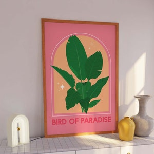 Impresión de plantas de la casa Ave del Paraíso / Descarga de arte digital / Cartel de arte moderno imprimible de planta de palma tropical rosa abstracta / Arte de pared de moda
