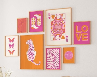 Pink and Orange Gallery Wall | Digital Art Download | 10 Printables | Cute Boho Dorm Room Art Set | Trendy Gallery Wall Art
