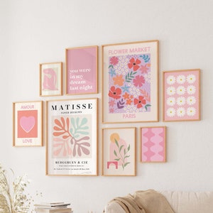 Ensemble mural rose de la galerie, téléchargement d'art numérique, 10 fichiers imprimables, oeuvre d'art imprimable Boho Matisse, ensemble d'art mural tendance, mur rose de la galerie