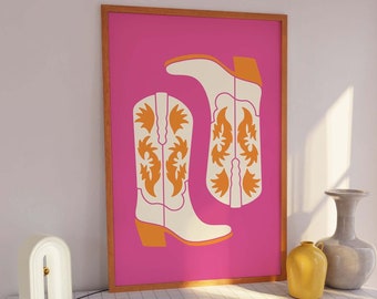 Cowgirl Boots Print | Digital Art Download | Pink Orange Western Print | Retro Wall Art | Trendy Maximalist Wall Art | Cute Dorm Decor