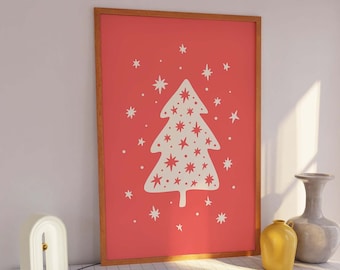 Christmas Tree Print | Digital Art Download | Red Christmas Decor | Boho Holiday Wall Art | Trendy Christmas Art Print