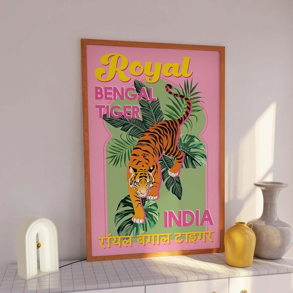 Tiger India Print | Digital Art Download | Pink Green Bengal Tiger Printable Art | Tropical Jungle Wall Art | Cute Trendy Wall Art