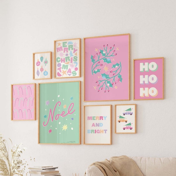 Pastel Christmas Gallery Wall | Digital Art Download | 10 Printables | Trendy Pink Christmas Prints | Cute Pastel Holiday Wall Decorations