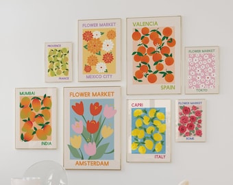 Set of 8 Flower Fruit Market Prints | Digital Art Download | Colorful Gallery Wall Travel Exhibition Print Set | Trendy Gallery Wall Art