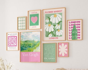 Pink and Green Gallery Wall | Digital Art Download | 10 Printables | Cute Boho Dorm Room Art Set | Trendy Gallery Wall Art