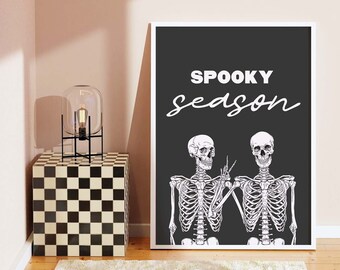 Spooky Season Skeleton Print | Digital Art Download | Cute Black Halloween Wall Decor | Trendy Halloween Wall Art