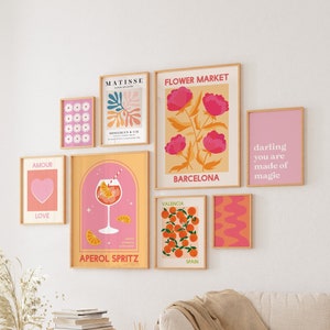 Pink and Orange Gallery Wall, Digital Art Download, 10 Printables, Cute Boho Dorm Room Art Set, Trendy Gallery Wall Art