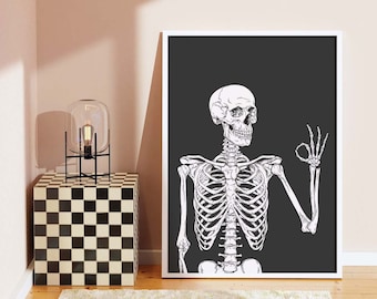 Skelett Druck | Digitale Kunst Download | Niedliche schwarze Halloween-Wand-Dekor | Trendige Halloween Wand Kunst | Gruseliges Poster Poster