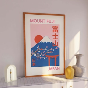 Mount Fuji Japan Print, Digital Art Download, Pink and Blue Cherry Blossom Wall Art, Cute Trendy Wall Art, Travel Art Print