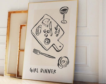Impresión de cena para niñas / Descarga de arte digital / Arte lindo de la pared de la cocina / Decoración divertida del apartamento / Impresión de comida de moda / Arte de pared neutral