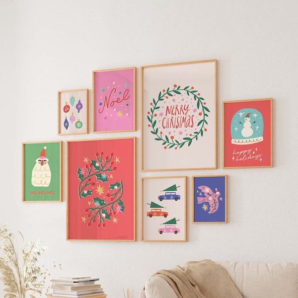 Christmas Gallery Wall | Digital Art Download | 10 Printables | Trendy Boho Christmas Prints | Cute Colorful Holiday Wall Decorations