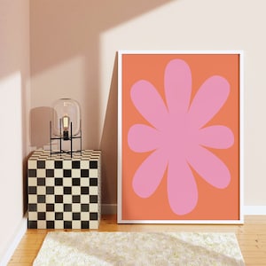 Pink Orange Floral Abstract Print | Digital Art Download | Retro Printable Art | Cute Trendy Wall Art | Minimal Flower Art Print