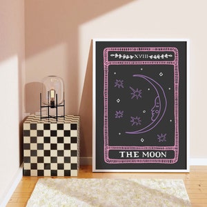 The Moon Tarot Card Print | Digital Art Download | Cute Heart Tarot Card Wall Art | Black Trendy Halloween Wall Art